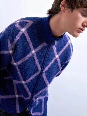 TOPMAN Argyle Zip-Up Sweater in Blue & Pink NWT